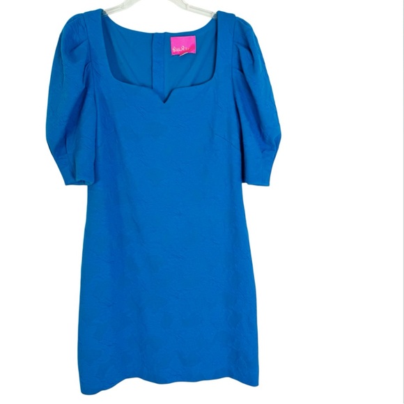 Lilly Pulitzer Feona Teal Bay Knit‎ Jacquard Puff Sleeve Dress Size M - Picture 7 of 14